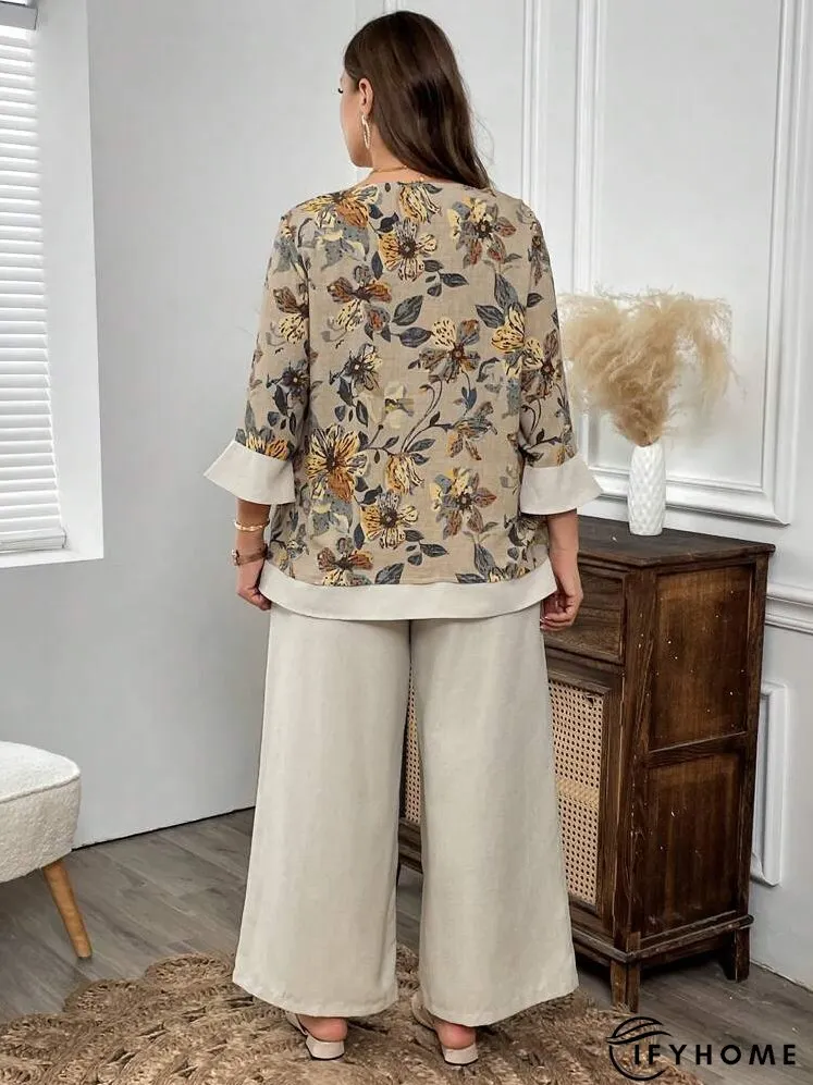 2pcs Plus Size Floral Print Patchwork Long Sleeve Top And Wide Leg Pants Set, Autumn | IFYHOME