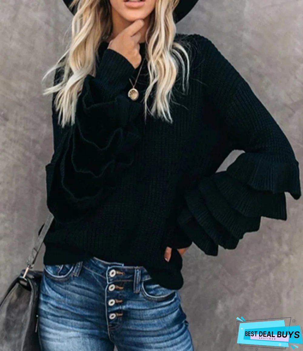 Fashionable Petal Sleeve Sweater Casual Solid Color Sweater