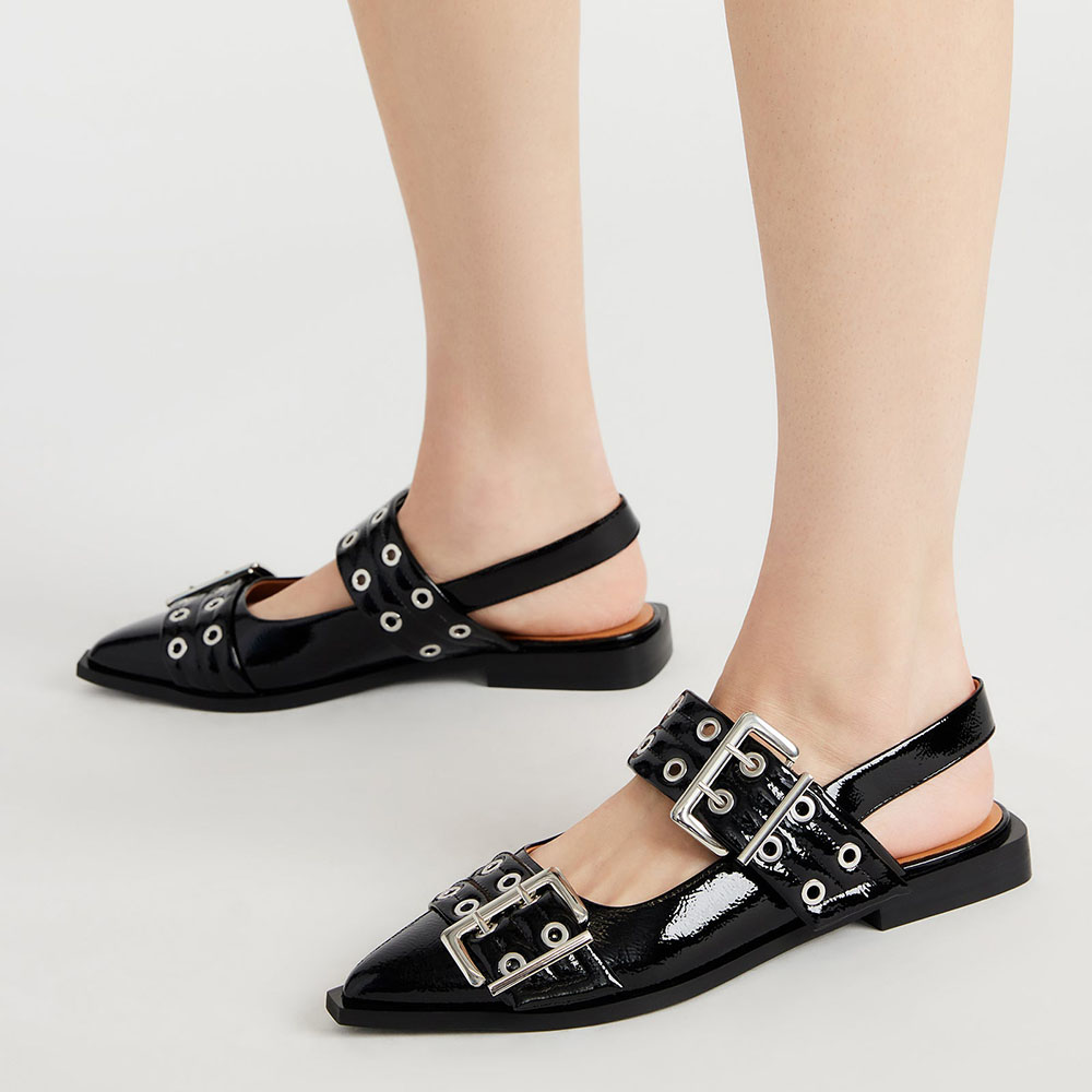 Black Pointed Toe Flat Grommet Buckle Strap Slingback Shoes for Women Nicepairs