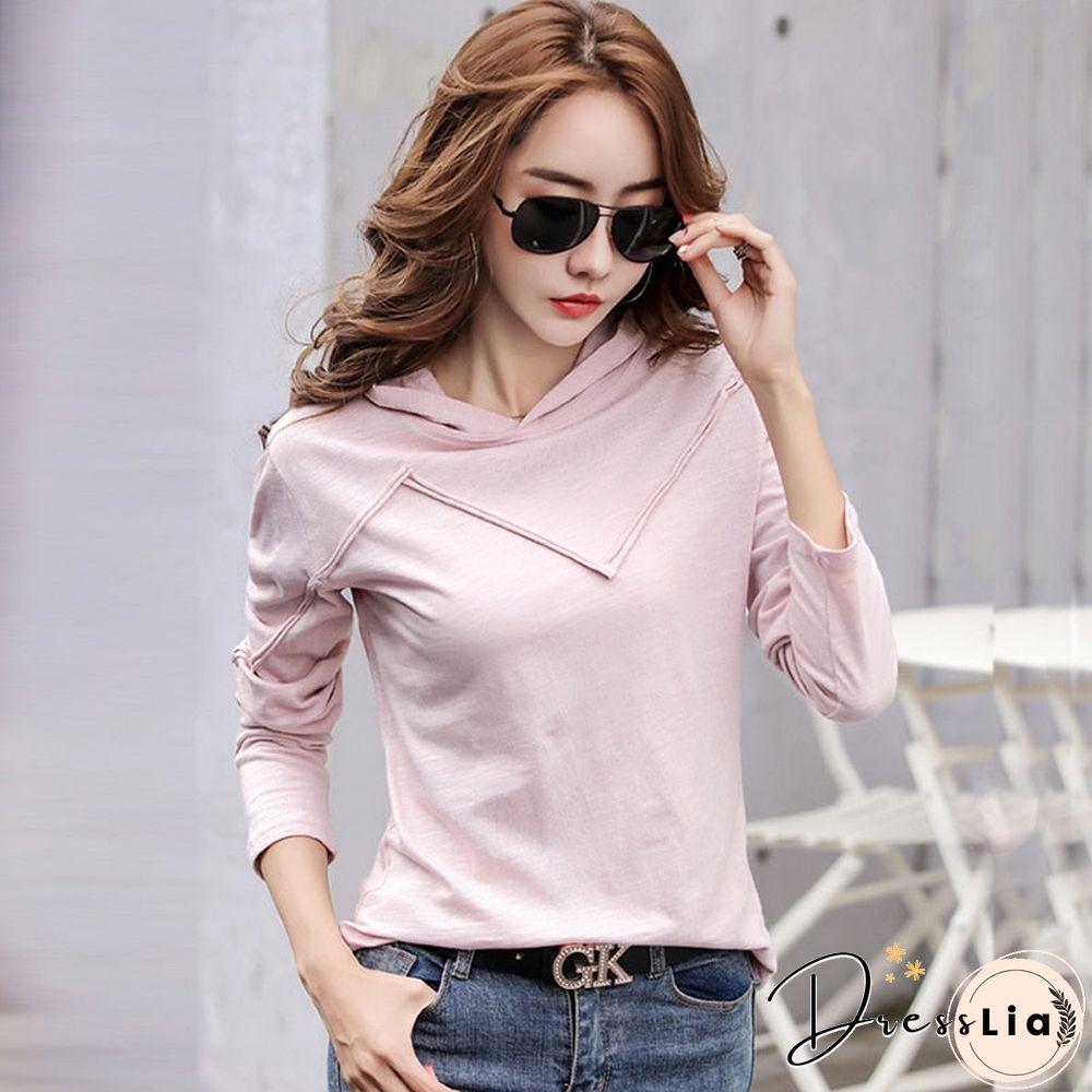 Long Sleeve Hooded T-shirt Bamboo Cotton Autumn Winter Tops New T Shirt Women Casual Patchwork Tee Shirt Femme White Black