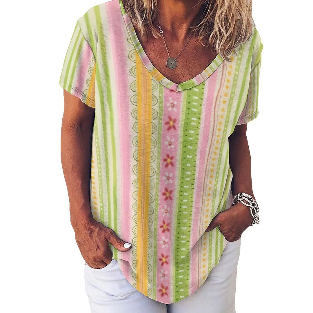V-neck Short Sleeve Casual T-shirt for  Women Printed with Pattern Striped, Pink, Green