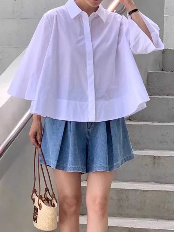 Buttoned Pleated Solid Color A-Line Flared Sleeves Lapel Blouses&Shirts Tops