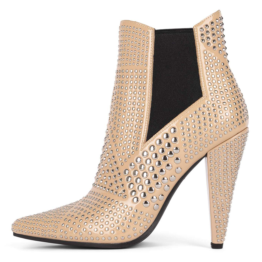 Beige Pointed Toe 4'' Stiletto Heel Studded Ankle Boots Nicepairs