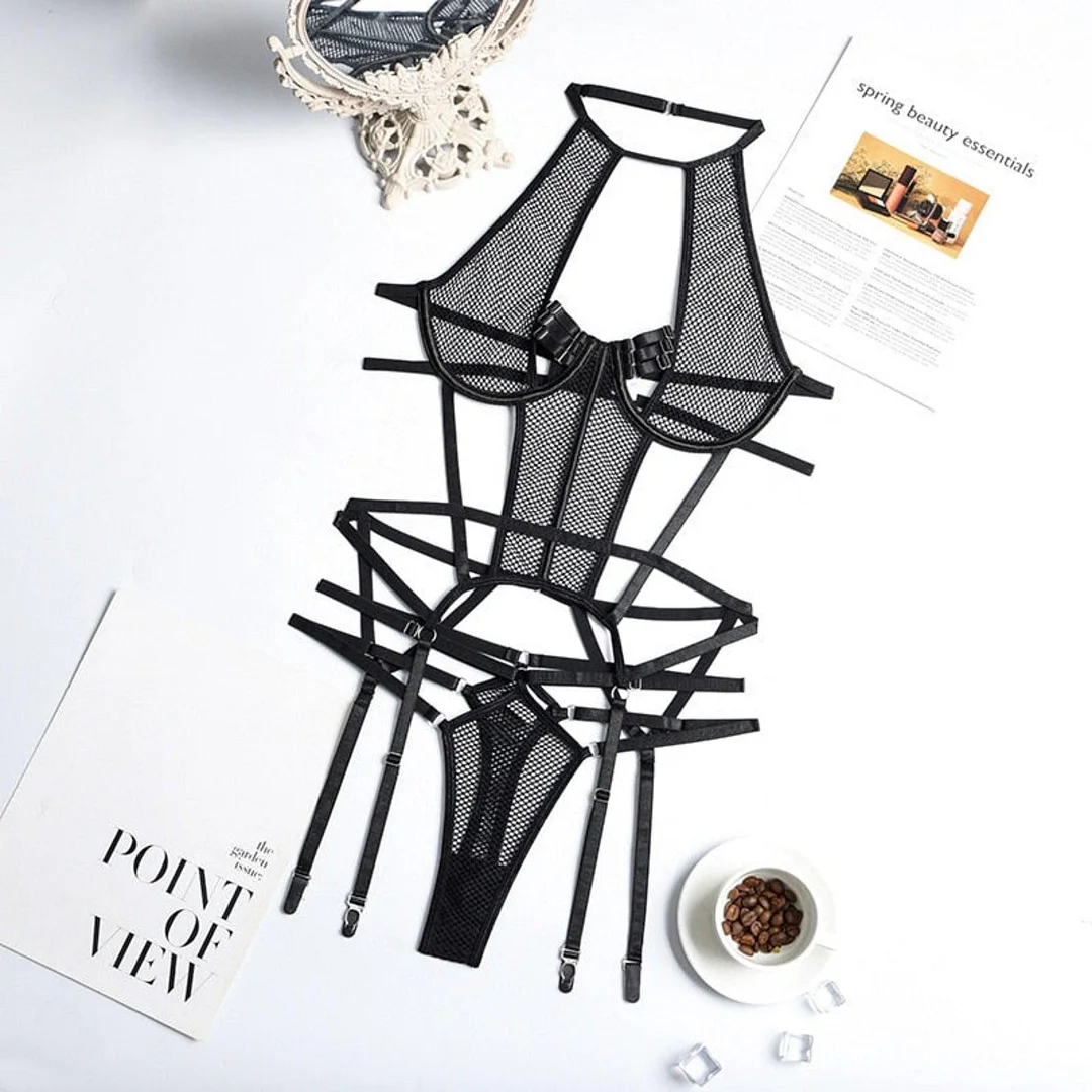 Cut Out Mesh Lingerie Bodysuit with Garter Belt