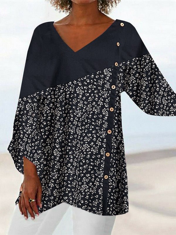 Women Irregular Long Sleeve V-neck Floral Printed Button Top Dress