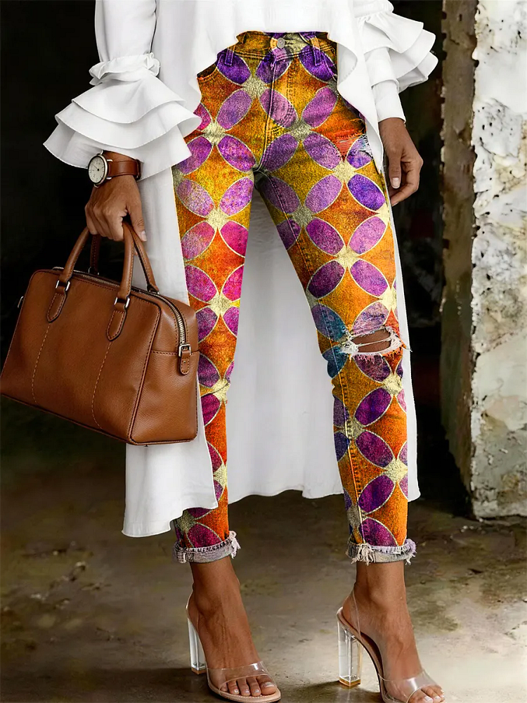 Women's Fashion Casual Art Print Ripped Skinny Jeans