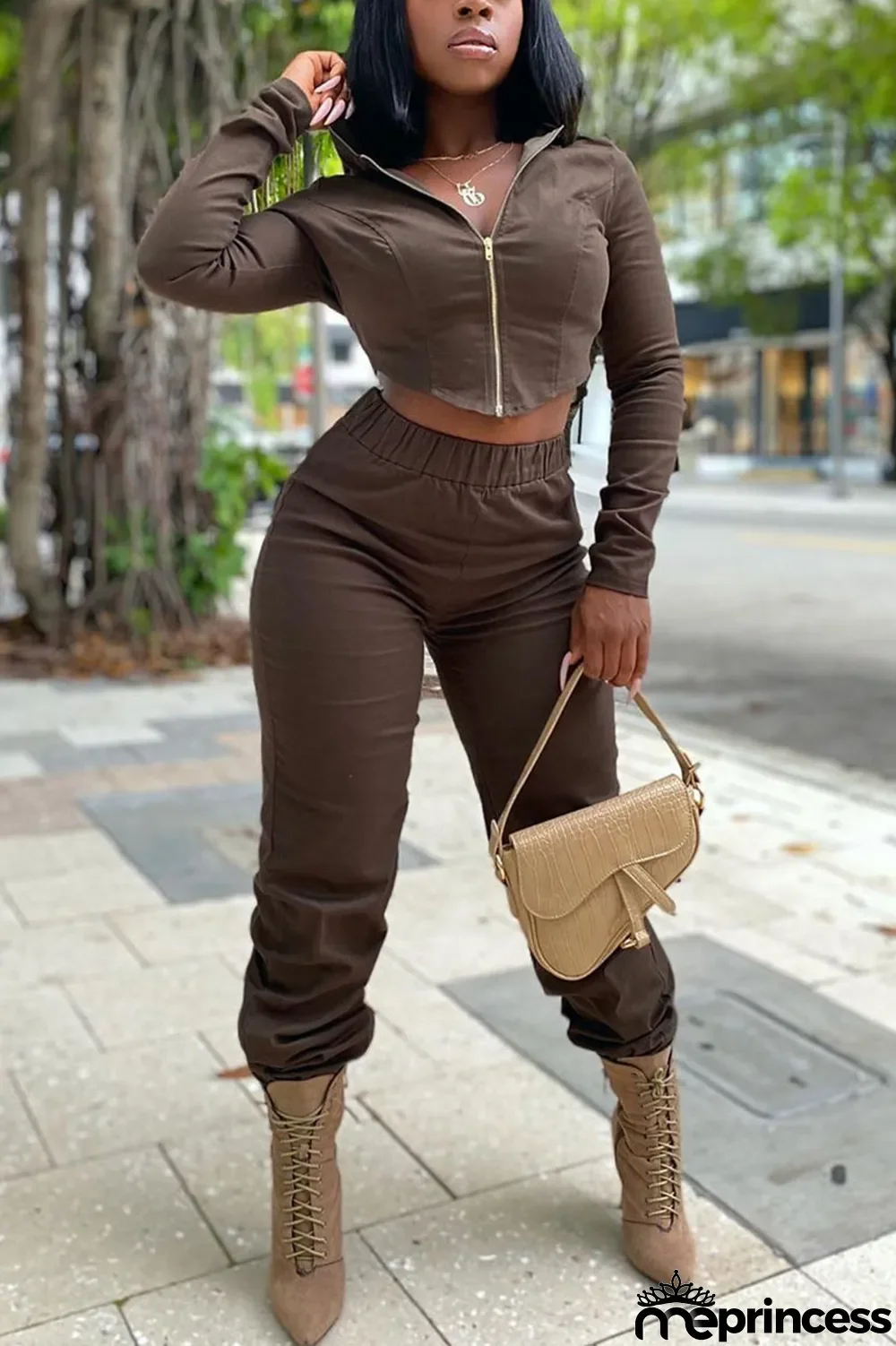 Brown Fashion Casual Polyester Cotton Blends Patchwork Solid Split Joint Cardigan Pants Hooded Collar Long Sleeve Regular Sleeve Short Two Pieces