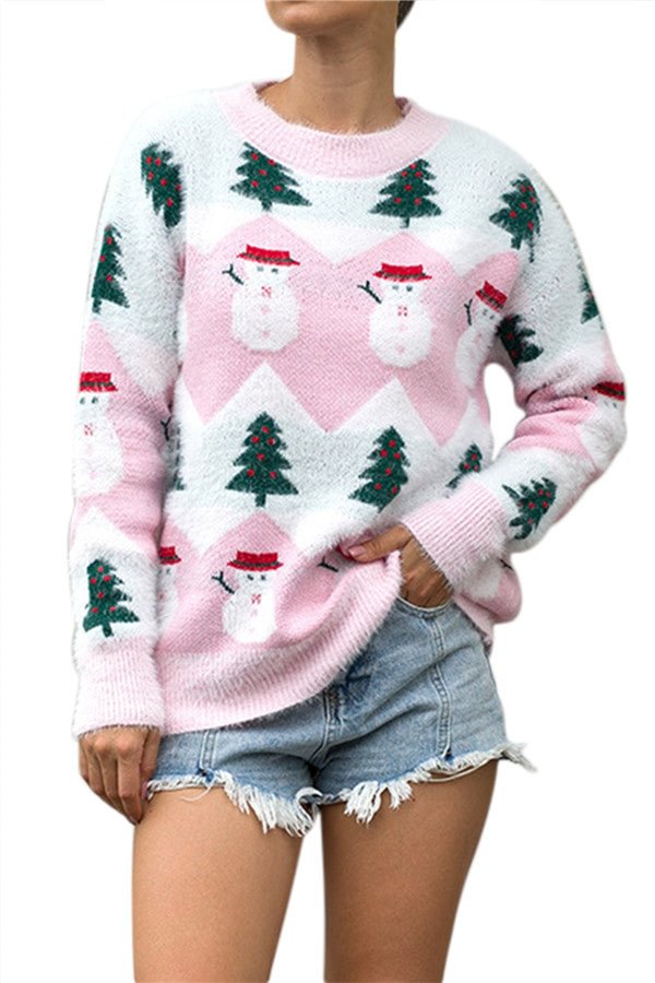 Sweet Christmas Snowman Pullover Sweater Pink-elleschic