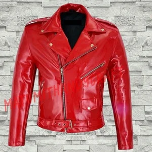 pornhint Pornhint customize HANDMADE Gothic Punk Rock EMO Gothic Moto Red PVC Vinyl Jacket Men Motorcycle Jacket  Fetish Jacket