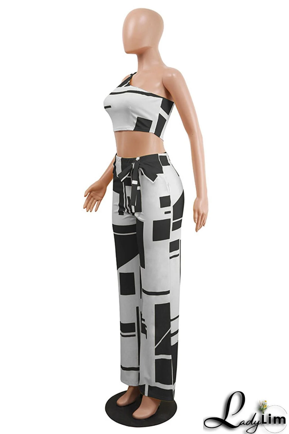 Black Sexy Casual Print Vests Pants One Shoulder Sleeveless Two Pieces
