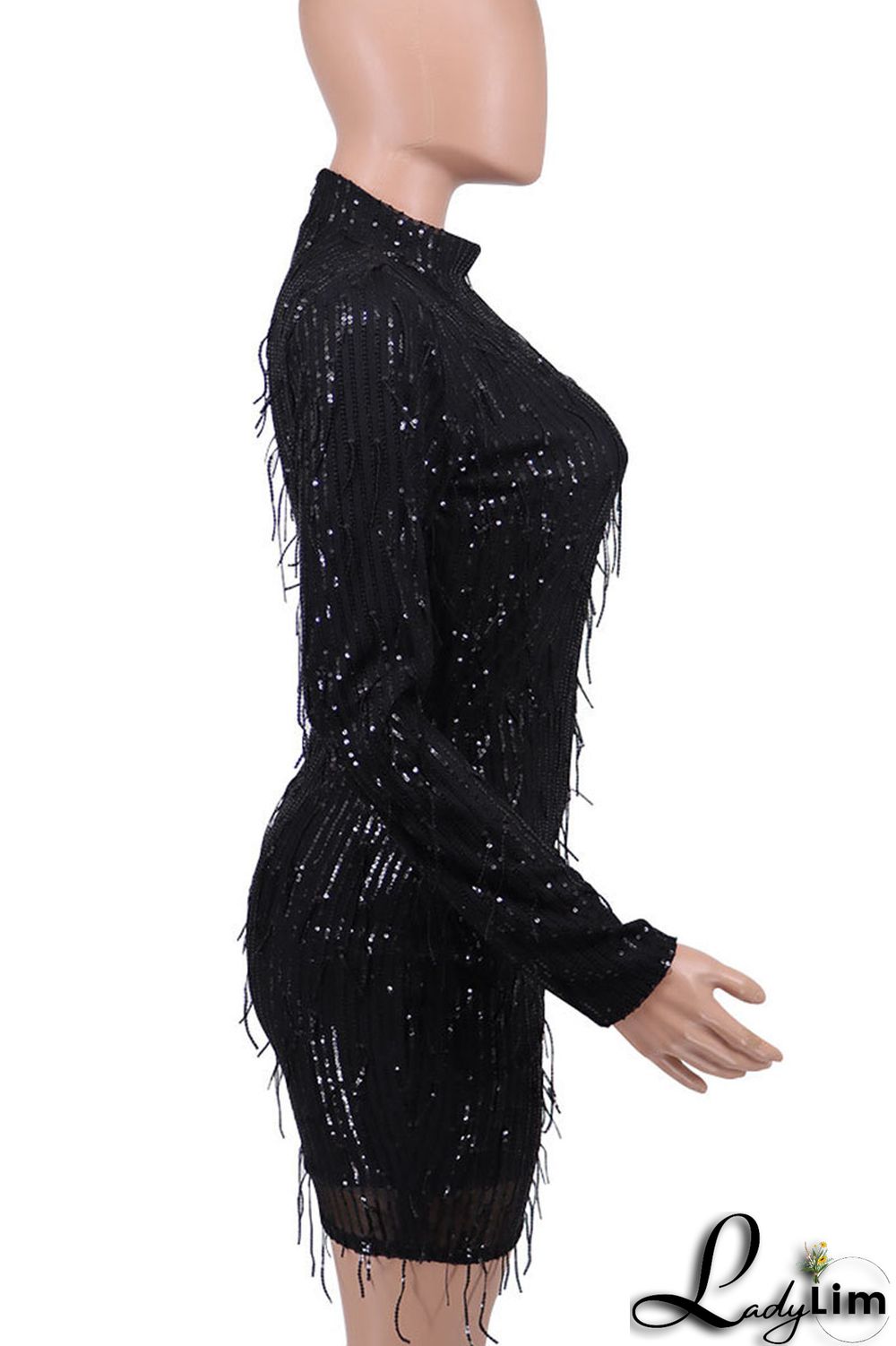 Black Sexy Solid Sequins Split Joint O Neck One Step Skirt Dresses