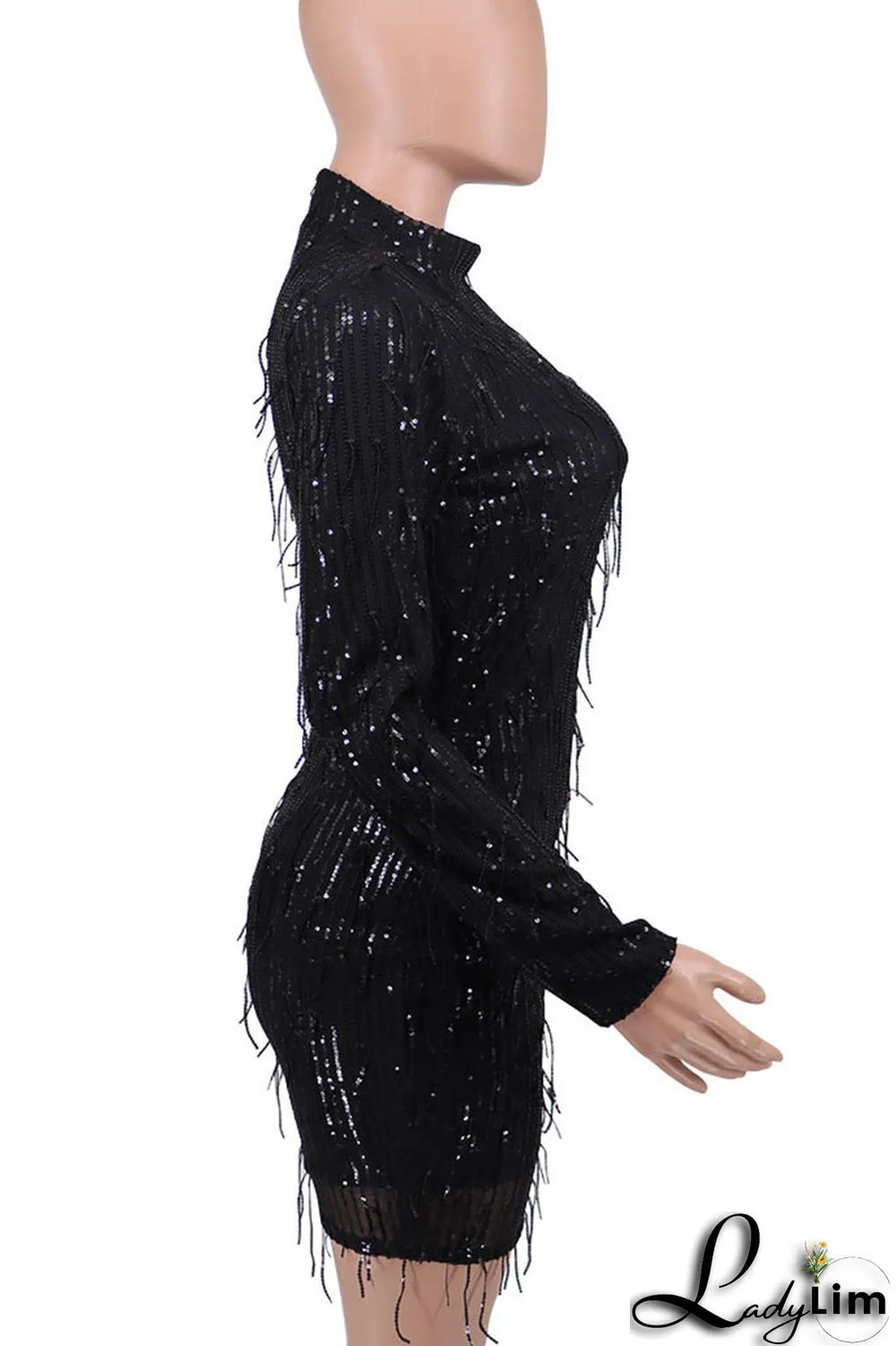 Black Sexy Solid Sequins Split Joint O Neck One Step Skirt Dresses