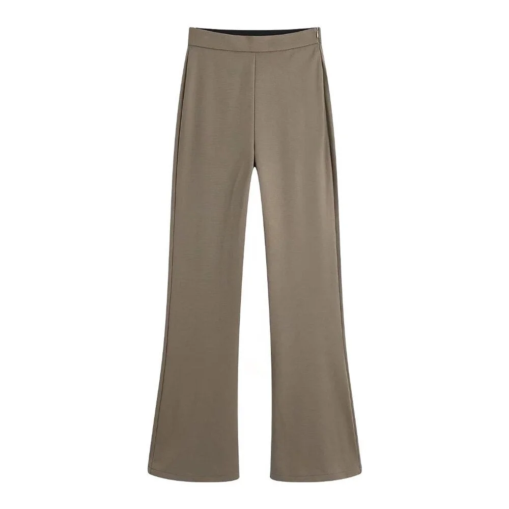 TRAF Women Fashion Office Wear Flared Pants Vintage High Waist Side Zipper Female Trousers Mujer