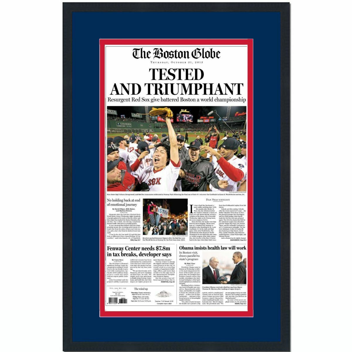 Framed Boston Globe Tested Red Sox 2013 World Series Newspaper Cover 17x27 Photo Poster painting