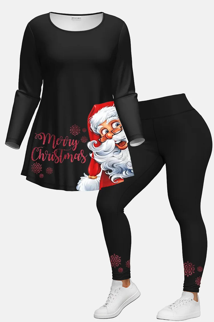 Flycurvy Plus Size Christmas Black Snowflake Santa Claus Print Long Sleeve Two Piece Pant Set  Flycurvy [product_label]