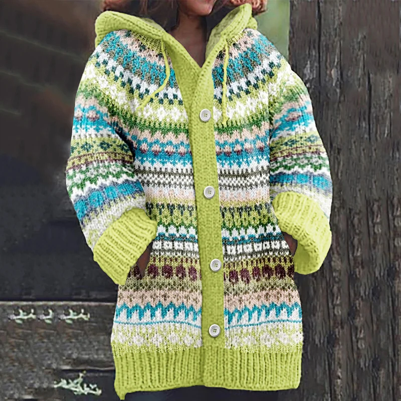 Retro Stripe Inspiration Icelandic Cozy Hooded Knitted Cardigan