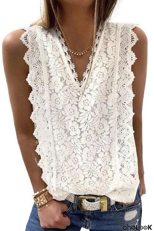 Chic Solid Lace Sleeveless V-Neck Shirt Top