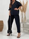 Lapel Long Sleeve Shirt With Pants Solid Color Set