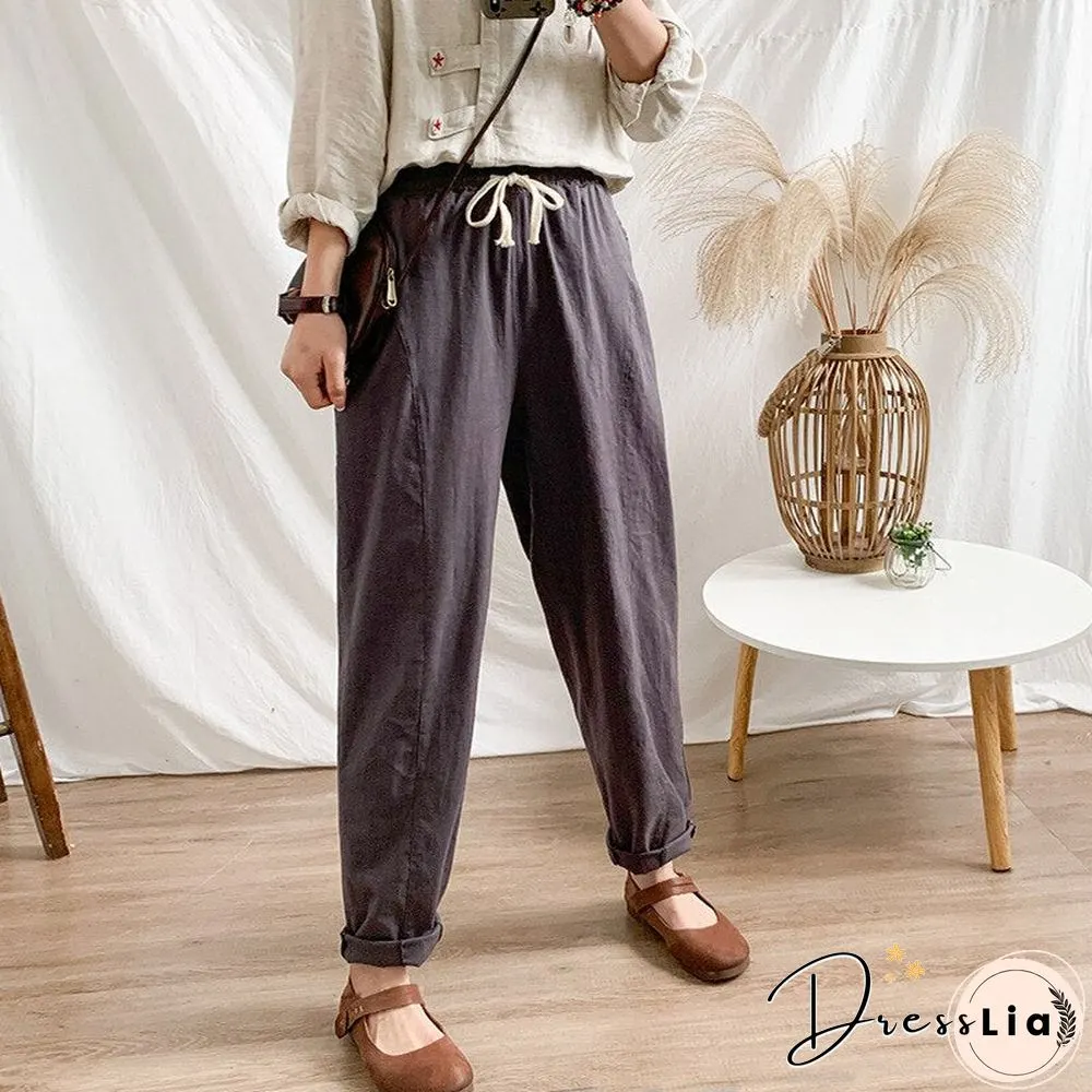 Summer Womens Pants-Cotton Linen Large Size Casual Loose Ankle-Long Capri Drawstring