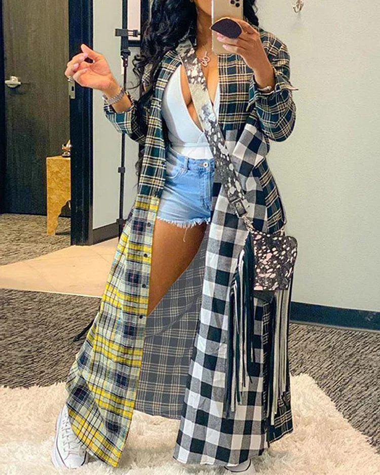 Fashion Casual Color Plaid Stitching Gown Jacket