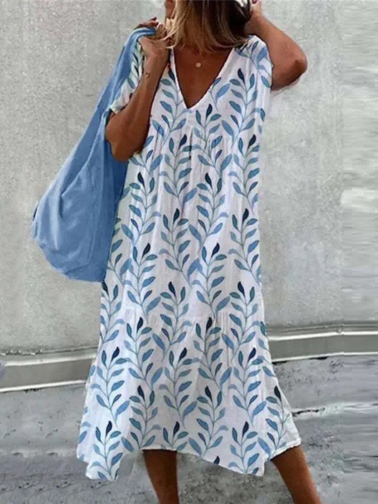 Comstylish Retro V-Neck Leaves Print Linen Blend Short Sleeve Maxi Dress
