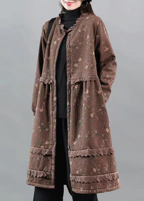 VCSHOES Coffee Print Lace Button Patchwork Warm Fleece Coat Fall
