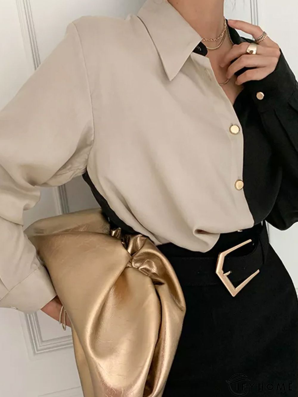 Shirt Collar Color-Block Long Sleeve Plain Blouse | IFYHOME