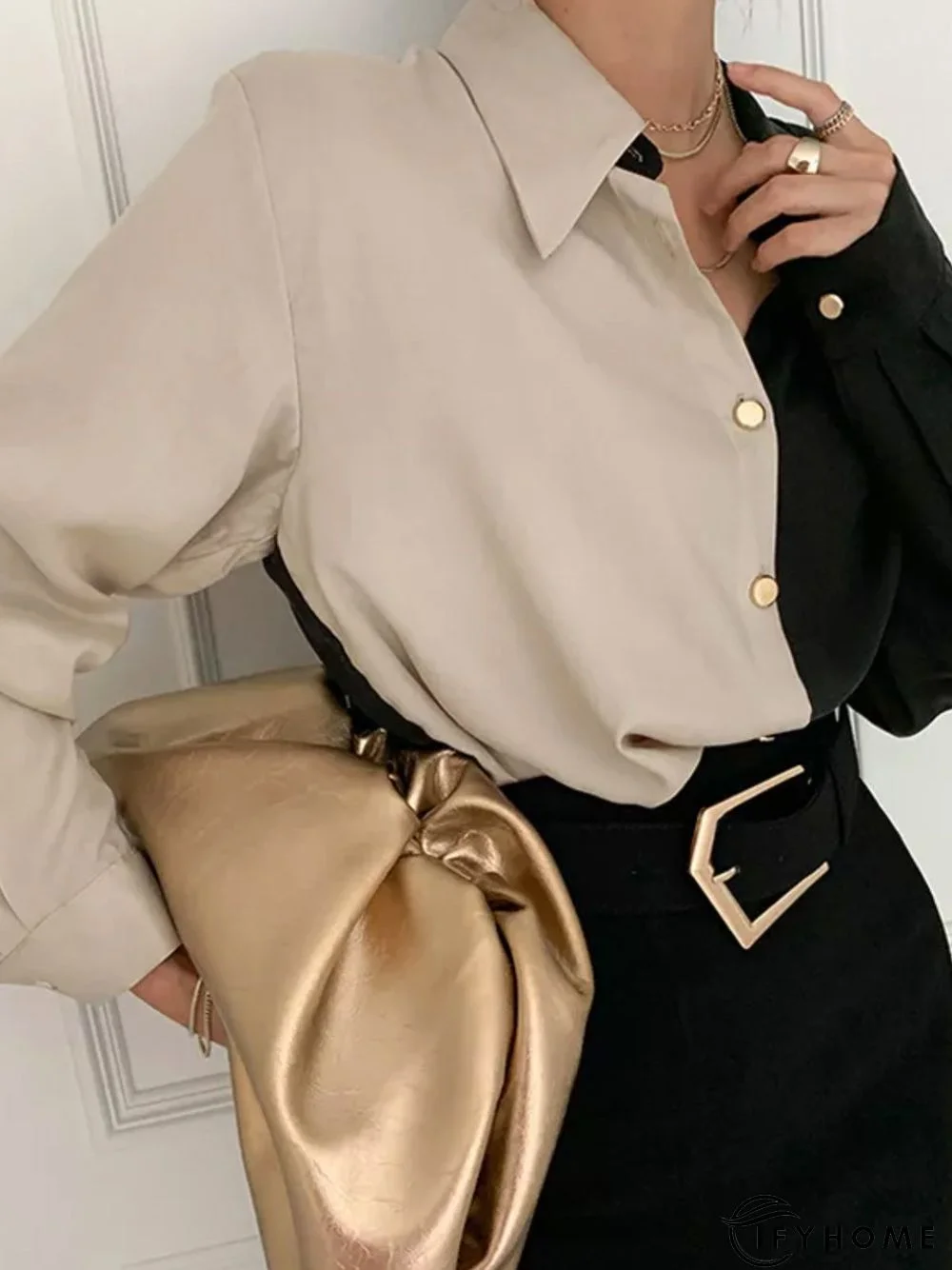 Shirt Collar Color-Block Long Sleeve Plain Blouse | IFYHOME