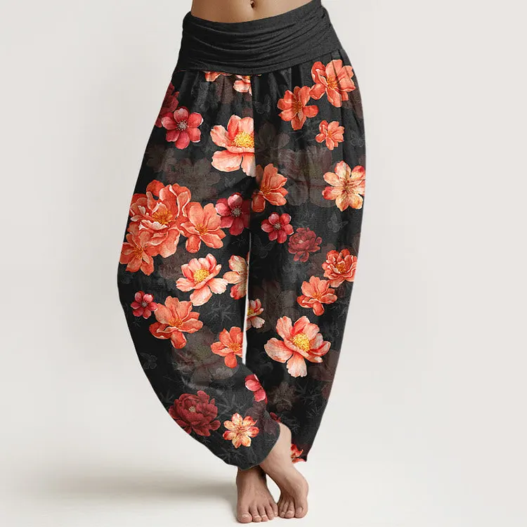 Cotton Intensely Colored Flower Pattern Women's Elastic Waist Harem Pants