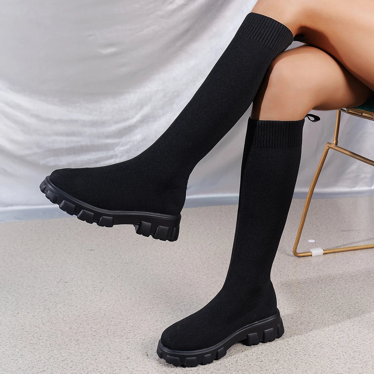 Woman Sock Boots Heels Over The Knee Botas Feminina Woman Long Elastic Botines autumn Winter New Brand Knitting Plush Aiertu