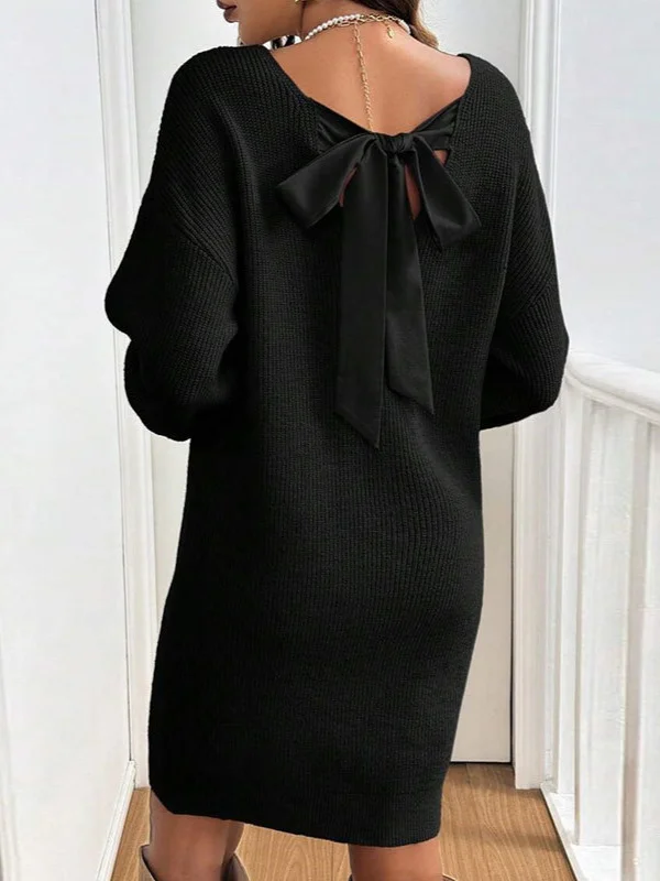 Athvotar Athvotar And Winter New Loose Knitting V-Neck Bow Long-Sleeved Sweater Dress Girl