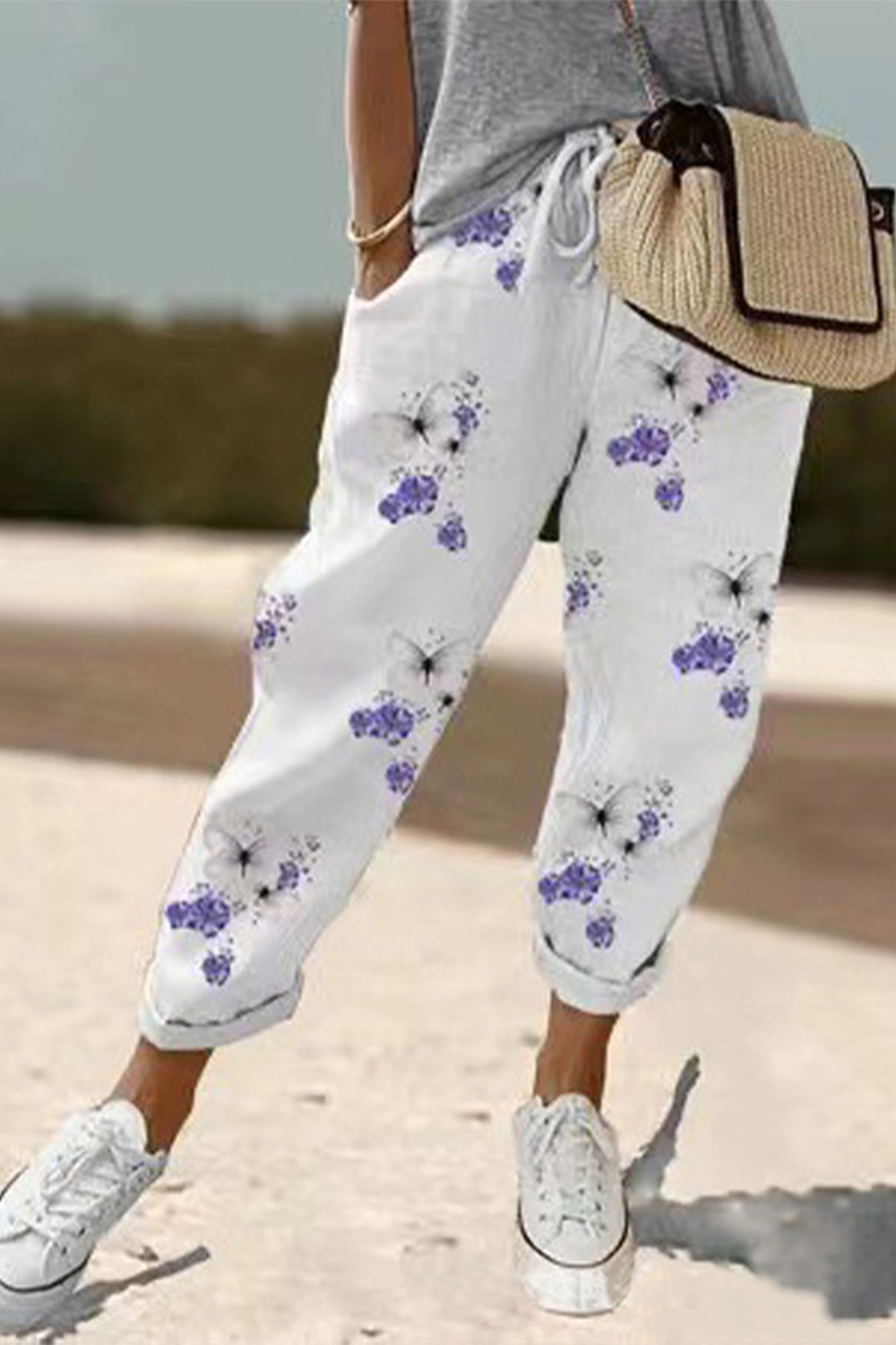 Plus Size Casual Black Cotton And Linen Stripe Colorblock Drawstring Pants 2024 - Flycurvy 