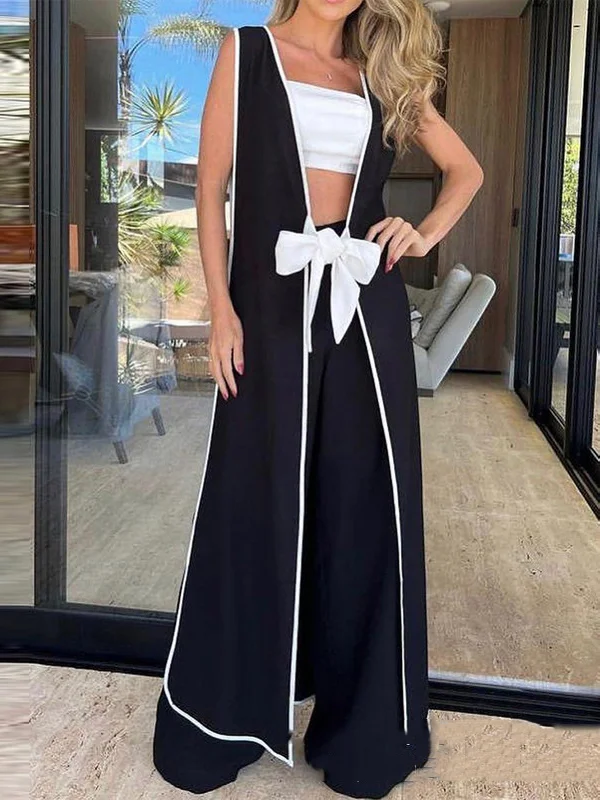 Loose Contrast Color Split-Side Tied Collarless Outerwear Top + High Waisted Pants Bottom Two Pieces Set