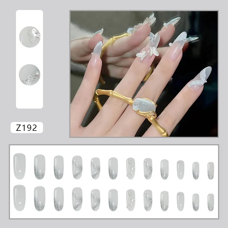24PCS Nails free shipping Shiny Butterfly Nail Patch whit jelly glue Removable Paragraph Fashion Manicure press on  False Nails-Nail Inspo