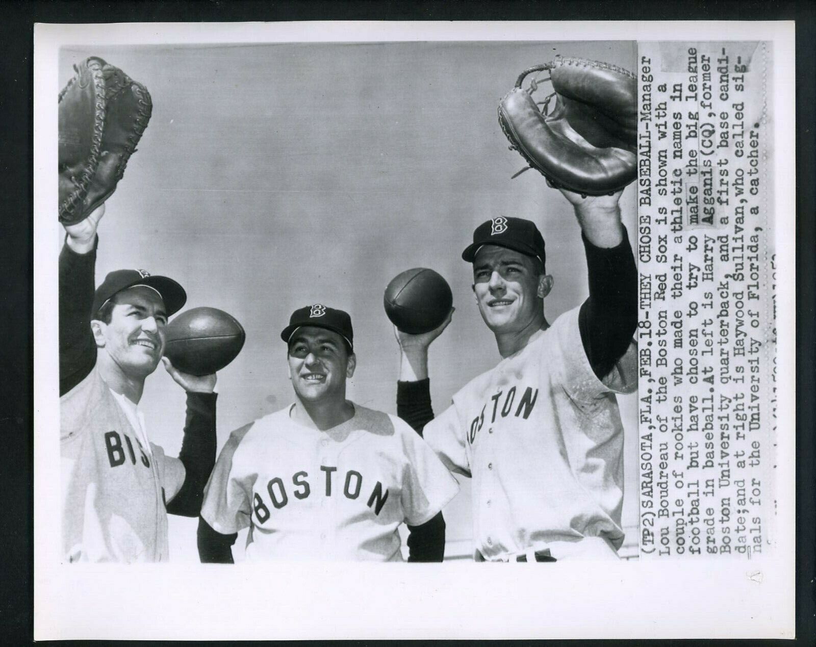 Harry Agganis Lou Bourdeau Haywood Sullivan 1953 Press Photo Poster painting Boston Red Sox