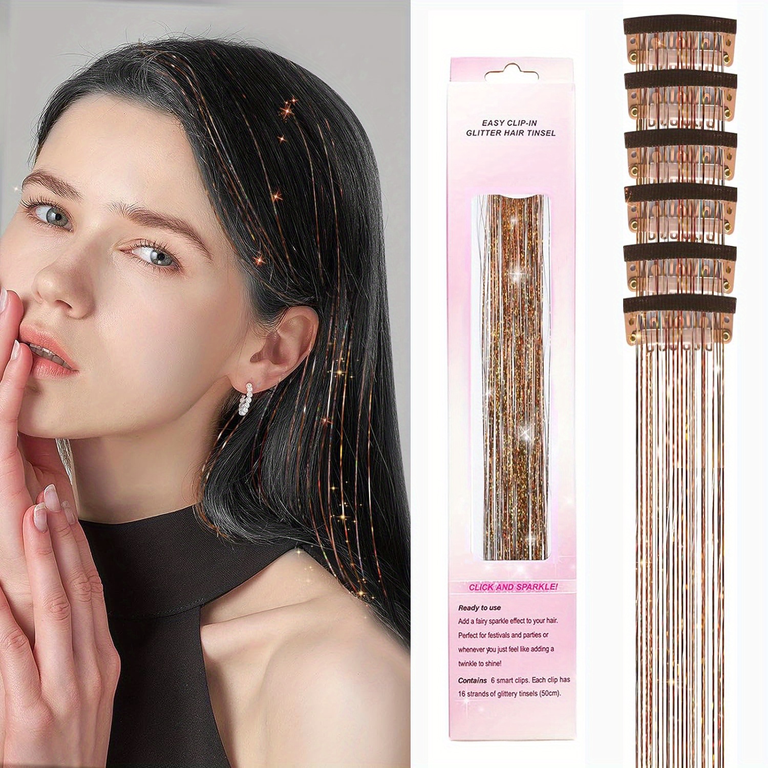 Hair Tinsel 6 Pcs, Clip In Hair Tinsel 20 Inch Colorful Glitter Tinsel Hair Extensions, Festival Gift Tinsel Fairy Hair Extension Party Dazzle Hair Accessories Strands Kit (20 Inch 6Pcs, Colorful) Hair Accessories Synthetic Halloween Christmas