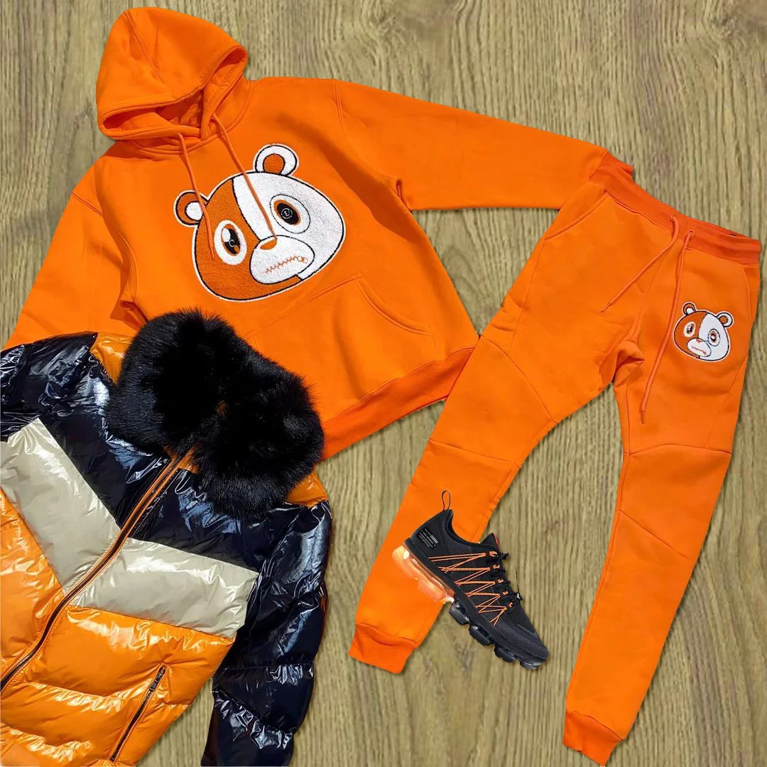 Bear print hooded sweatshirt pants suit