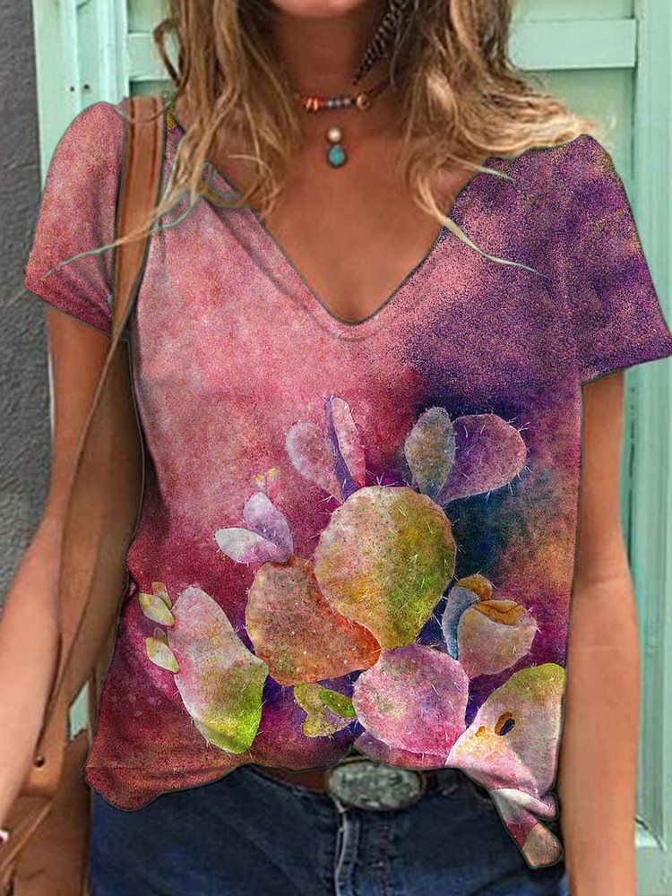 Bestdealfriday Valentine's Day Pink Cactus Oil Painting Graphic Tee