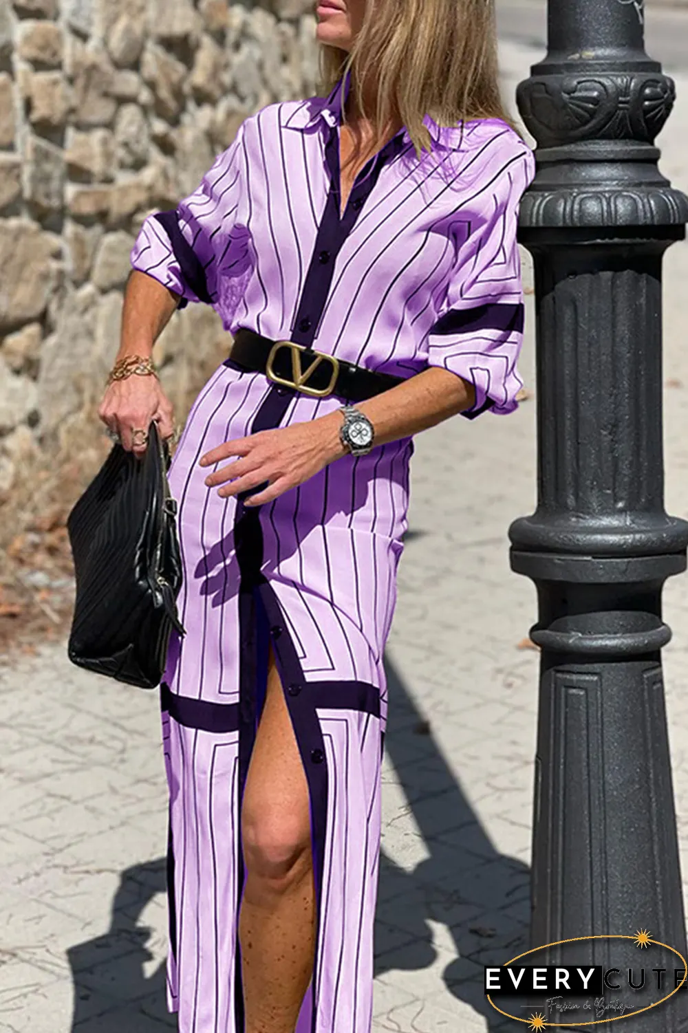 Casual Striped Split Joint Turndown Collar Straight Dresses
