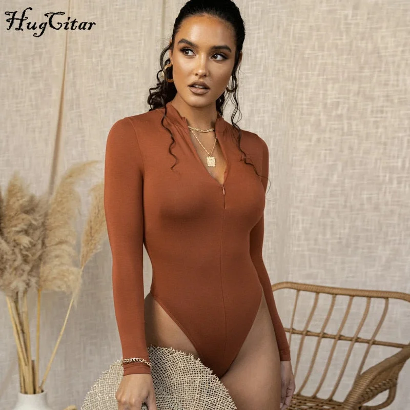 Hugcitar long sleeve front zipper v neck women sexy body 2020 autumn winter high stretchy basic bodysuit