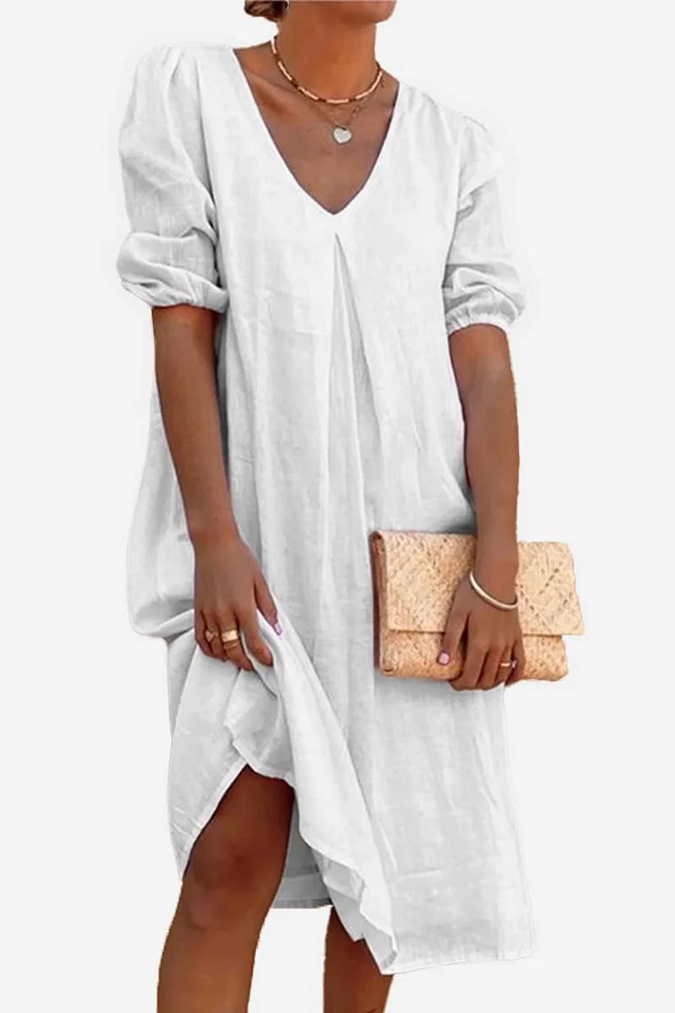 V Neck Short Puffy Sleeve Linen Casual Midi Dress