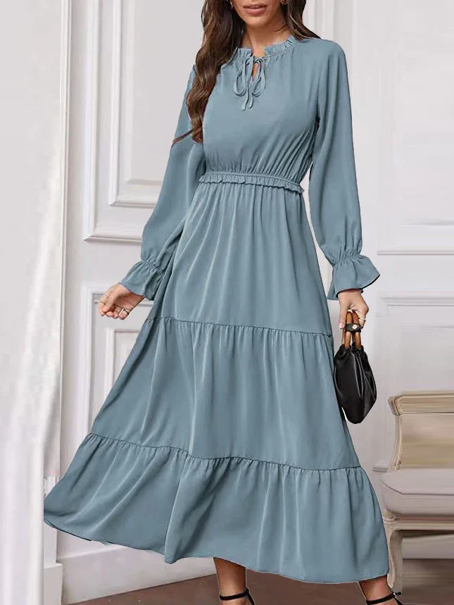 Long Sleeve Tie Neck High Waist Ruffle Hem Maxi Dress