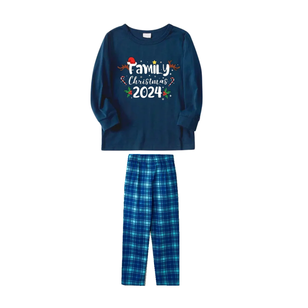 "FAMILY CHRISTMAS 2024" Text And Santa Hat & Snowflake Printed Pattern - Blue Long Sleeve Top With Blue Plaid Family Matching Pajamas