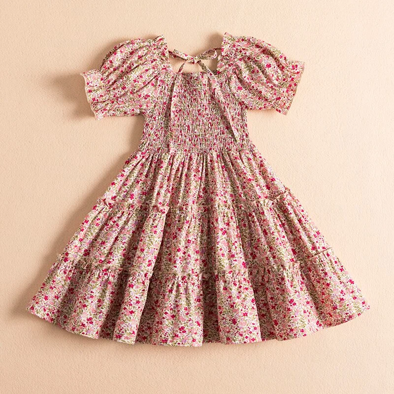 Baby Girls Casual Dress Toddler Kids Vintage Floral Princess Party Gown Elegant Vacation Birthday Tutu Summer Children Clothing