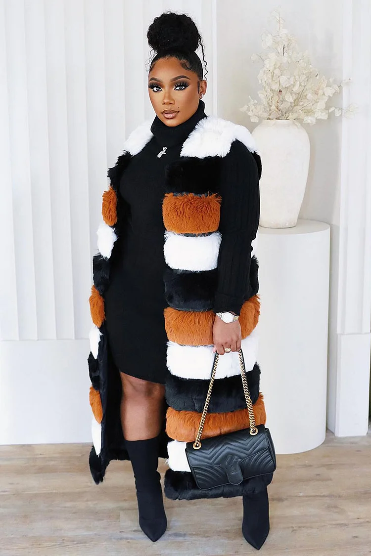 Sleeveless Colorblock Faux Fur Long Coat Outerwear-Black