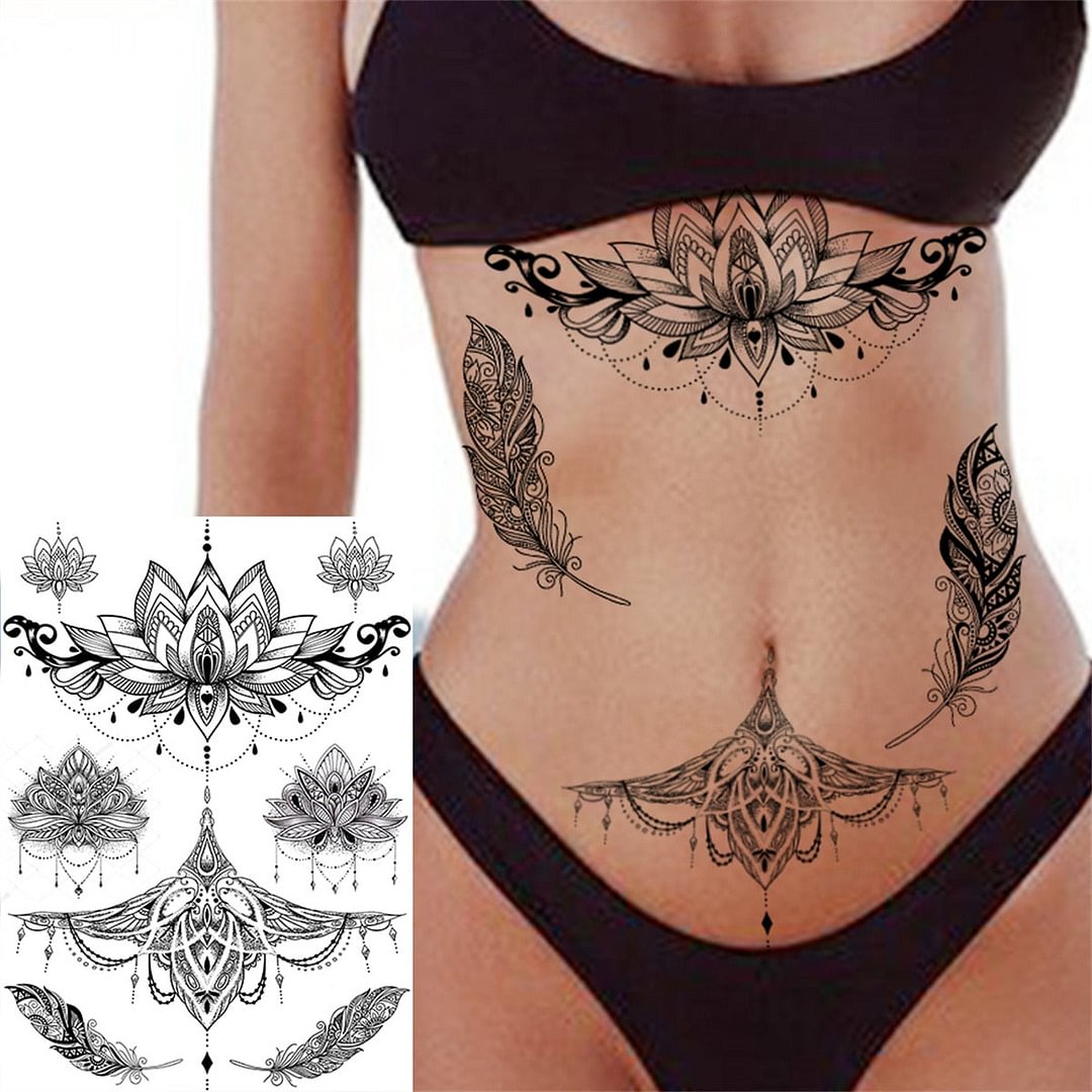 Lotus Fake Jewelry Temporary Tattoos For Women Girls Feather Henna Mandala Flower Tattoo Sticker Black Lace Sexy Tatoos Decor