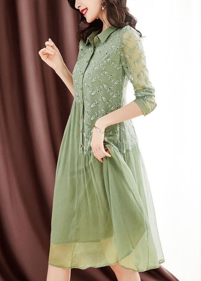 Women Green Peter Pan Collar Embroideried Patchwork Wrinkled Silk Long Dresses Long Sleeve