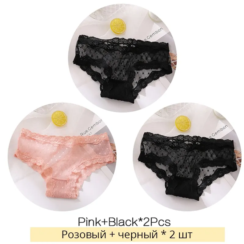 FINETOO Sexy Lace Thongs Women 3Pcs/set Transparent G-string Panties Dots Lace T-back Underwear Fashion Female Underpants M-XL