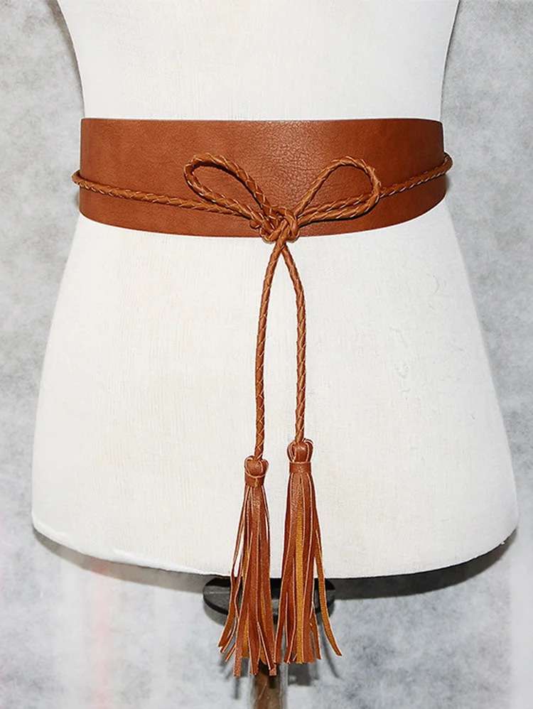 Vintage PU Leather Bow Tie Fringe Belt