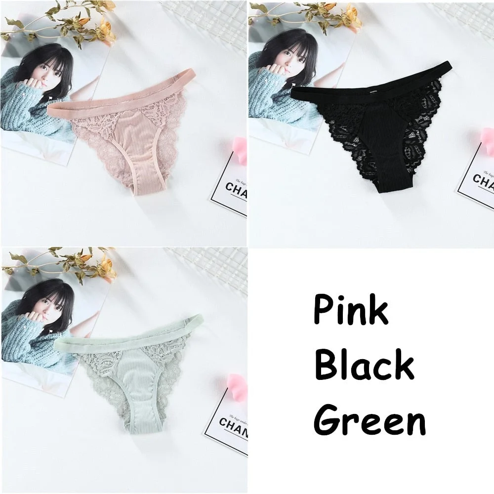 3PCS Soft Cotton Women Underwear Panties Solid Comfort Underpants Seamless Lace Briefs For Woman Sexy Low-Rise Panty Intimates
